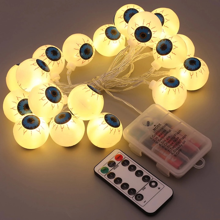 Ghirlanda luminoasa ZYBLSSBB LSM2xh101-BCS0266785-3, 20 LED bile „ochi” pentru Halloween, alimentare baterii cu telecomanda, alb cald, polipropilena