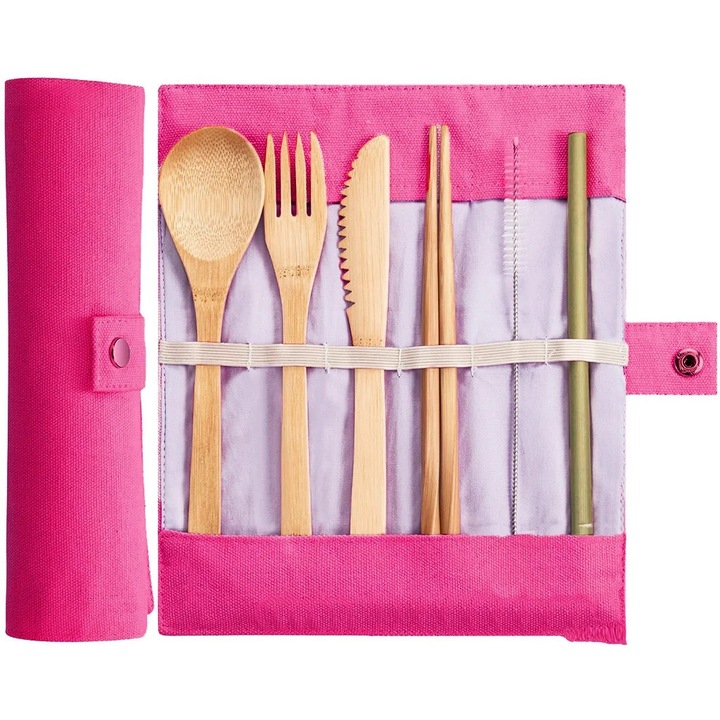 Set tacamuri reutilizabile din inox cu pouch de transport, argintiu, pentru picnic, 1 persoana