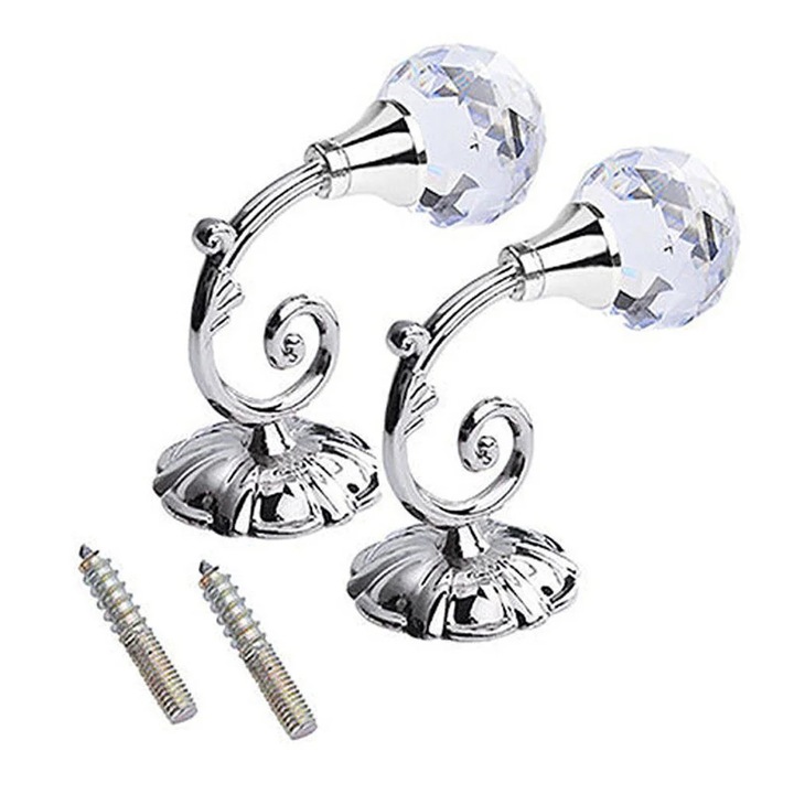 Set 2 Suporturi Perdele Metalice cu Cristale YANYXR Argintiu 7.9x6cm