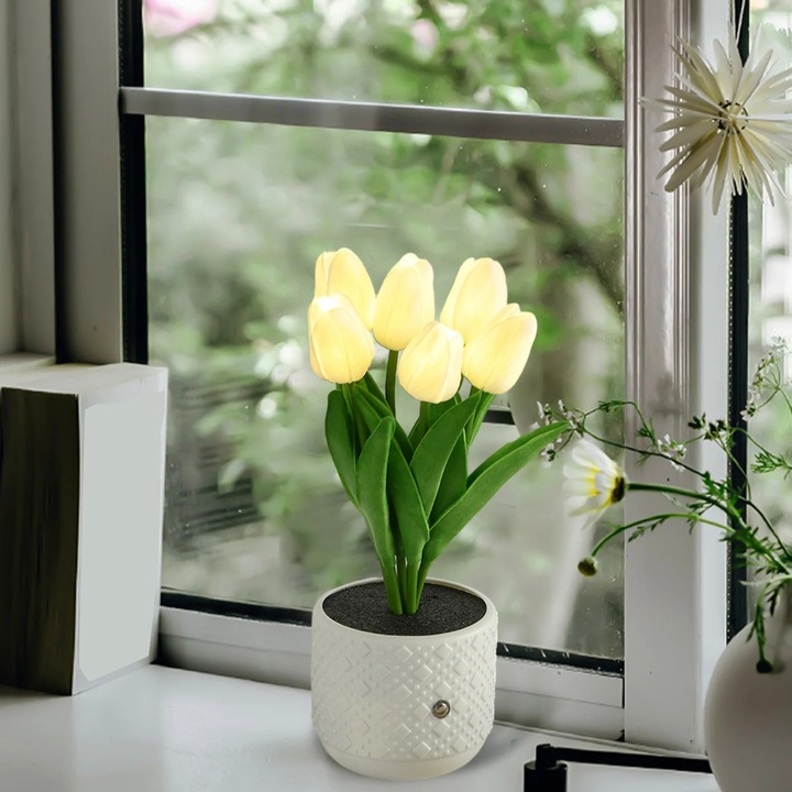 Lampa de birou LED ZYBLSSBB LSM2xh863-BCS0269768-3, buchet artificial 6 capete (lalele), lumina de veghe ambientala, galben