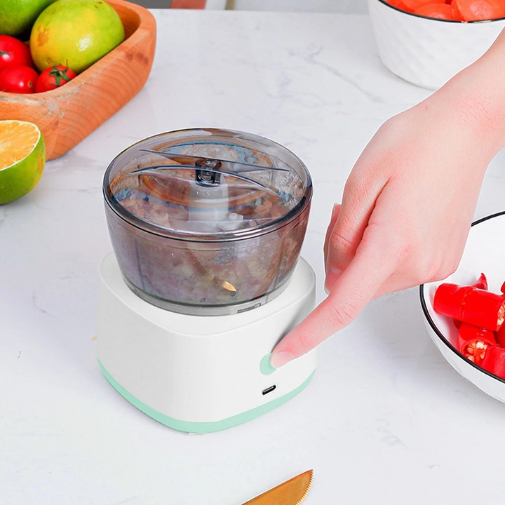 Robot de bucatarie electric, 300ml, alb, cu functie de curatare cu un buton, set cu tocator de carne si cap de taiere