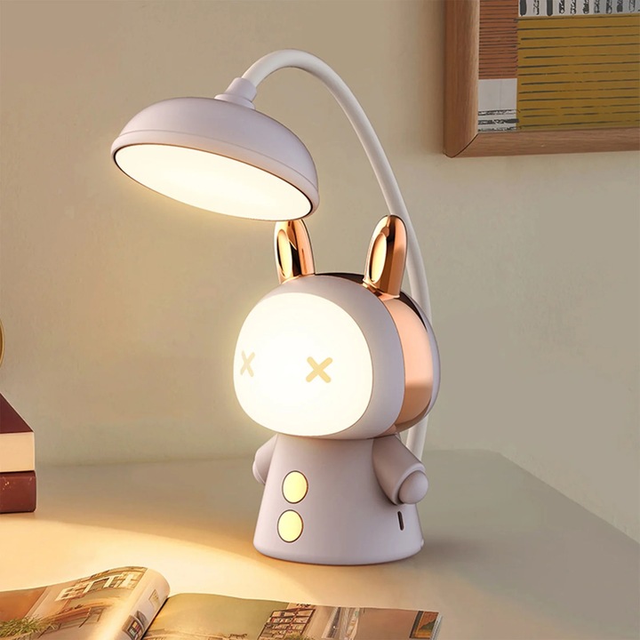 Lampa de birou pentru copii ZYBLSSBB LSM2xh1197-BCS0271044-1, LED reglabila dimabila, reincarcabila, protectie ochi, design jucaus (iepuras), alb/rose gold