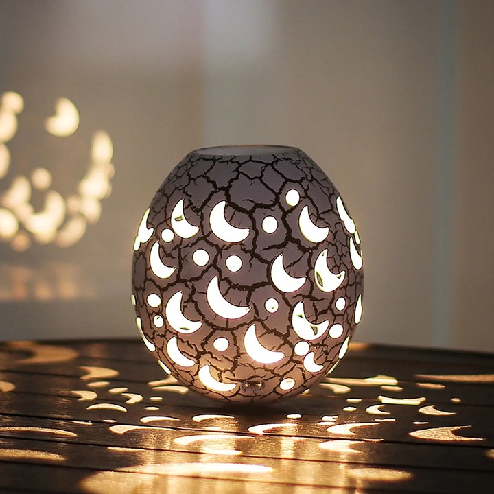 Lampa de veghe ZYBLSSBB LSM2xh1409-BCS0271951-6, decorativa din ceramica cu model crapat si decupaje luna, alb