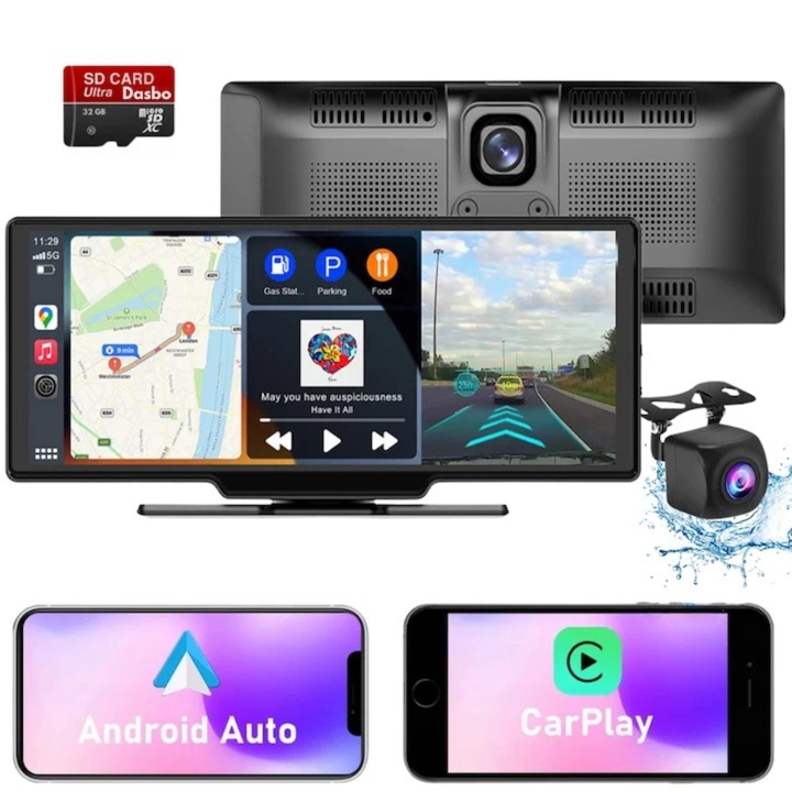 VarioShop® univerzális multimédiás autós navigáció, 10,26 hüvelykes kijelző, első és hátsó felvevő kamera, IPS HD teljes érintőképernyő, CarPlay/Android Auto, vezeték nélküli, BT, FM, AUX, MirrorCast, osztott képernyő, fekete