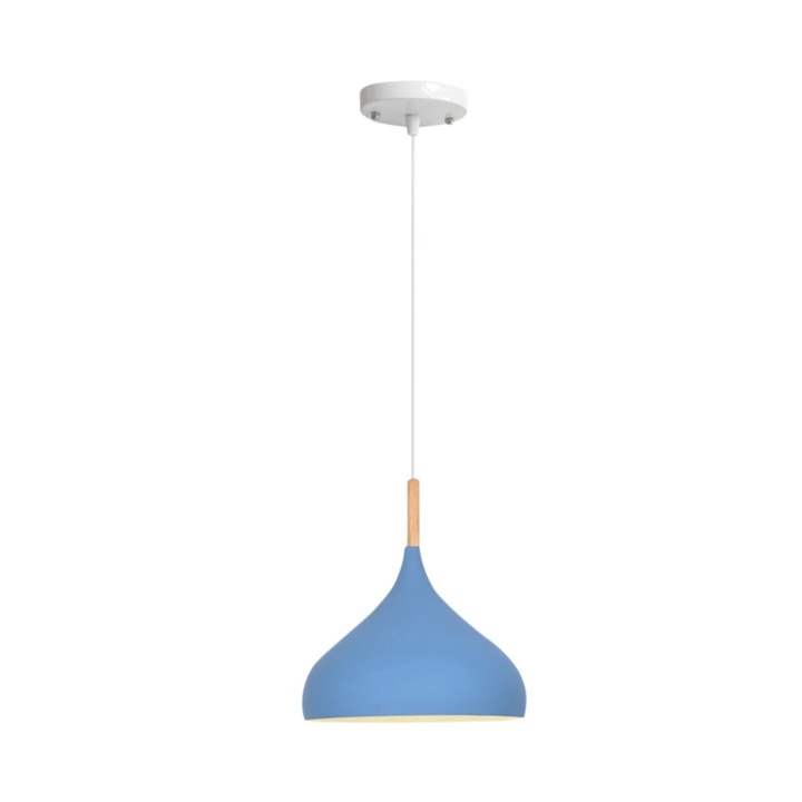 Lustra cu un singur cap, albastra, din aluminiu si lemn masiv, 24x24x130cm