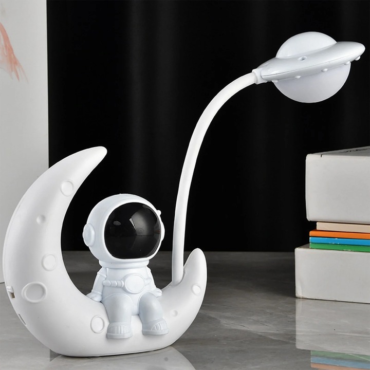 Lampa de masa LED ZYBLSSBB LSM2xh1626-BCS0272712, design astronaut pe semiluna, lampa de noptiera wireless pentru copii, alb