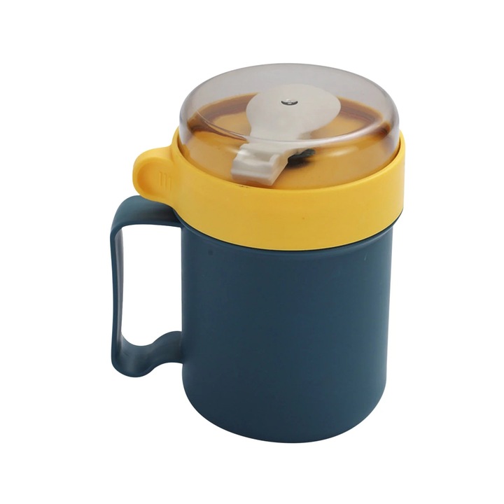 YANYXR reggeliző bögre fedővel és kanállal, 500ml, kék, 13.8x9cm