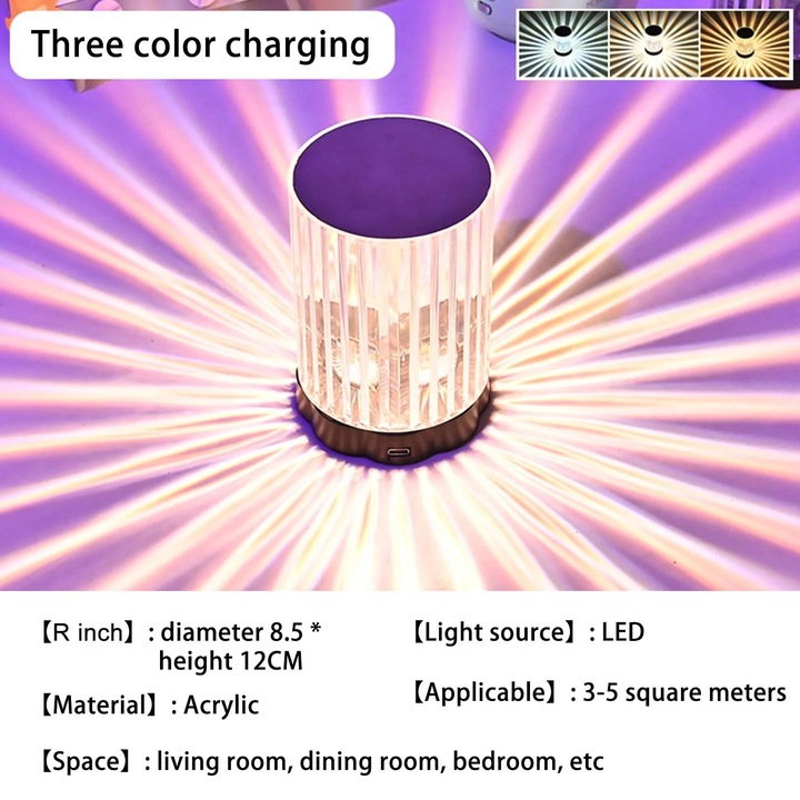 Lampa de masa ZYBLSSBB LSM2xh2441-BCS0275331-2, LED cu touch control si incarcare USB-C, 3 moduri de culoare, acrilic transparent cu baza neagra, o8.5 cm x 12 cm