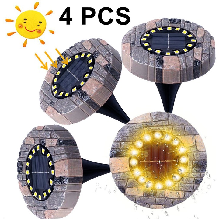 Lumini solare pentru sol, design inovator, carcasa din otel inoxidabil, pentru utilizare in aer liber, lumini solare cu disc solar, lumini solare stralucitoare pentru gradina, peisaj, gazon in aer liber (4 buc, lumina alba calda)