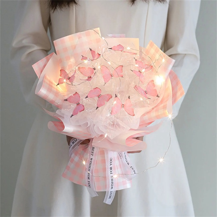 Set buchet flori si fluturi cu LED YANYXR, roz, 11 piese