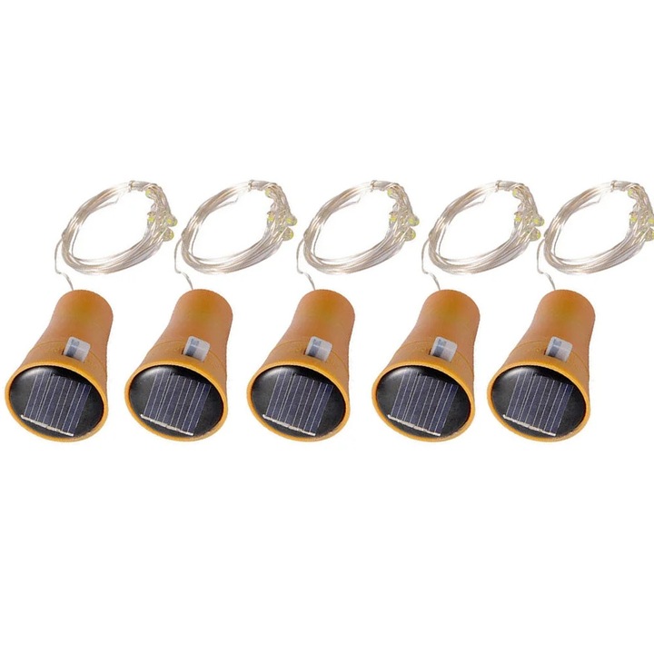 Set 5 lumini solare LED dop sticla vin cu sarma cupru 2mx20LED lumina calda
