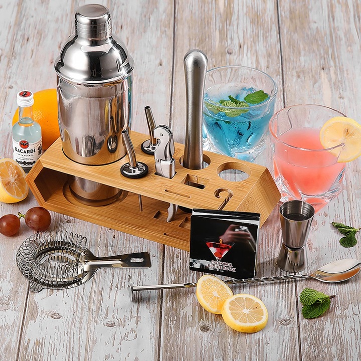 Set de Shakere Cocktail cu Suport din Bambus, 10 Piese, Inox, Argintiu