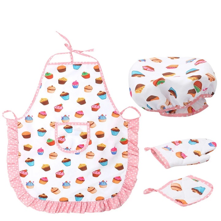 ZYBLSSBB, set sort copii din poliester cu palarie de bucatar, manusa termica si suport LSM2xh2939-BCS0277521-2, imprimeu cupcakes, multicolor, marime unica 4-12 ani