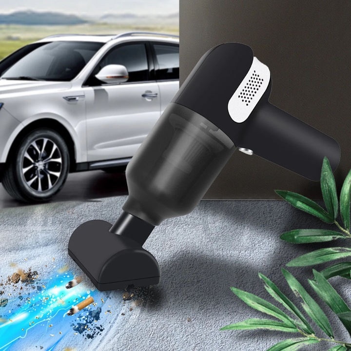 Aspirator auto portabil, 50W, putere de aspiratie 5000PA, fara fir, USB reincarcabil, negru, 17x16.5cm, set complet