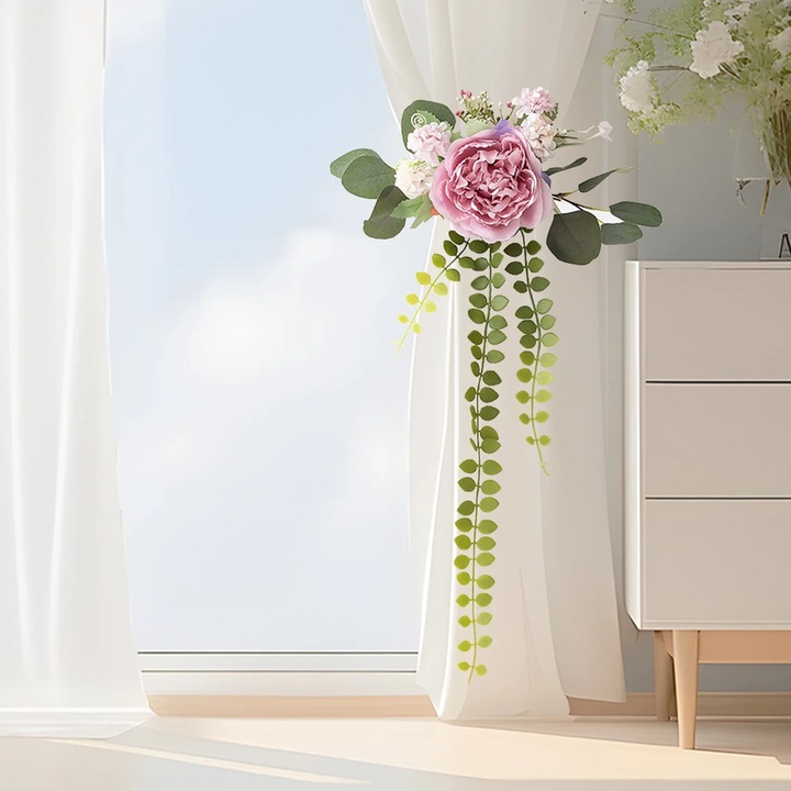 Prindere pentru draperie ZYBLSSBB LSM2xh9173-BCS0353265-2, decor floral (bujor si trandafir) din plastic, multicolor, 30 x 60 cm