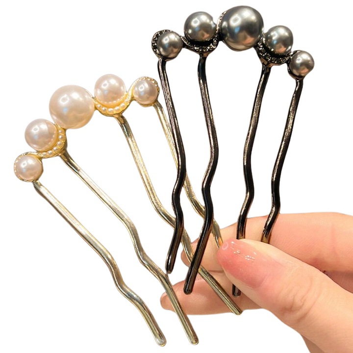 Комплект от 2 U-образни метални щипки за коса, Danati™, с изкуствени перли за кок, фиби в ретро стил, черно/бяло, 8,5 x 5 см