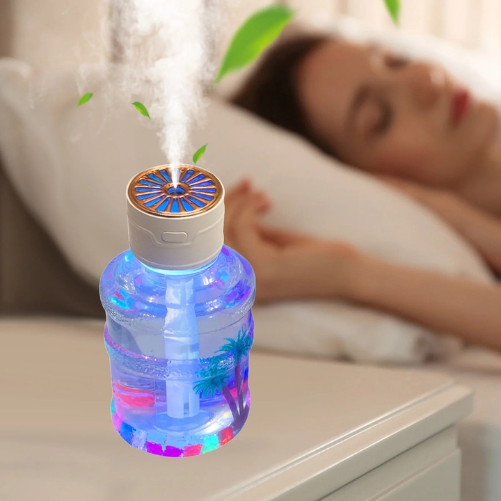 Umidificator mini cu lumini colorate, capacitate mare 500mL, argintiu, 8.2x8.2x15.5cm, set cu cablu USB