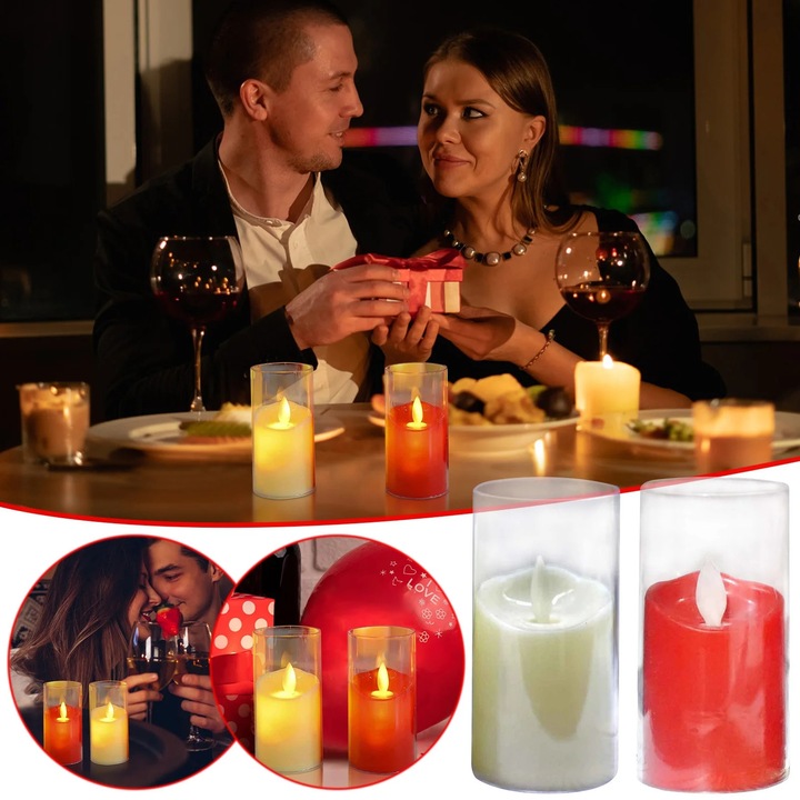 Set 2 lumanari electronice simulate LED rosii/ albe, 5.5x10.4cm, pentru decorare sarbatori