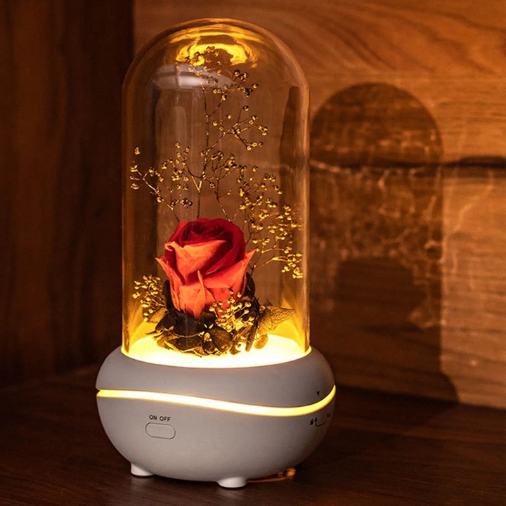Difuzor aromaterapie ZYBLSSBB cu floare eterna LED, rosu, 9.3x9.3x17.2cm