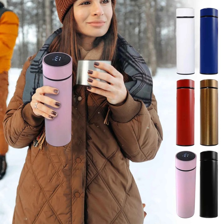 Termos cafea YANYXR, infuzor ceai, izolatie vid dubla, afisaj temperatura LED, auriu, 24h, 500ml