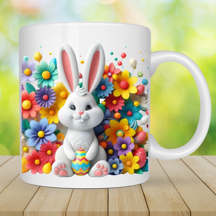 Set cana, perna si ceas silentios personalizat cu Iepuras si flori colorate