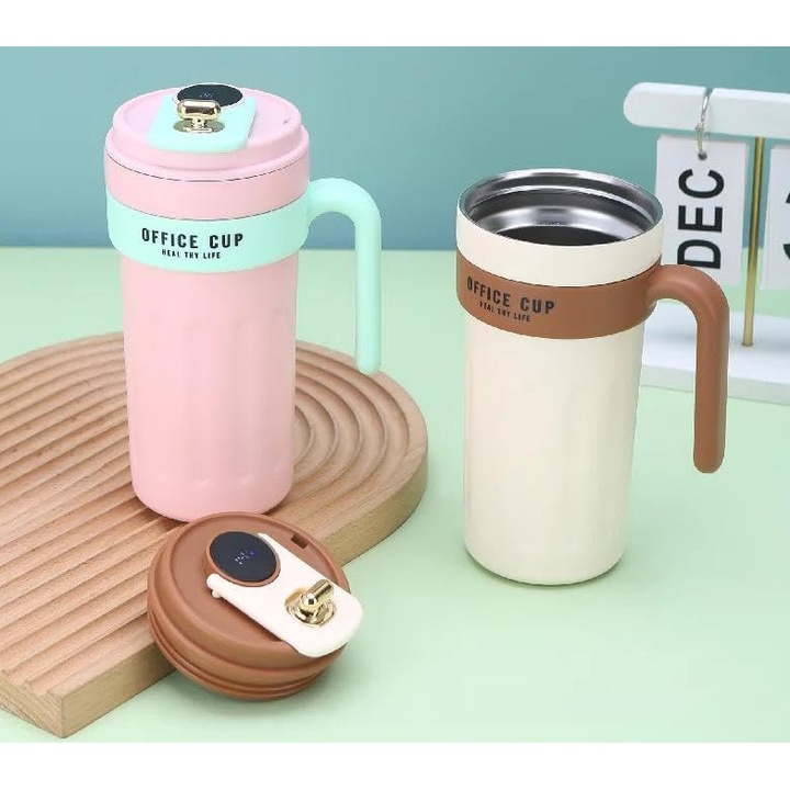 Термос чаша с LED дисплей, Kondo, 650 мл, неръждаема стомана, двойни стени, розова