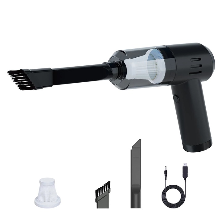 Aspirator auto portabil, argintiu, 90000Pa, 18x17x7cm, set cu cablu de date si 2 recipiente