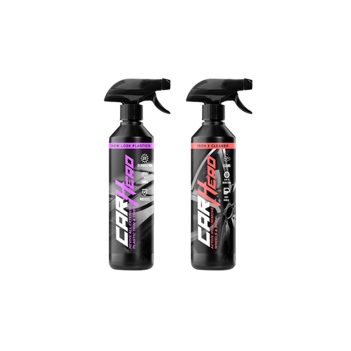 Set Solutie Regenerare Plastic & Cauciuc + Solutie Curatare Jante Aluminiu, Aliaj, Otel & Caroserie - Car Hero, New Look Plastic & Iron X Cleaner, Decontaminare Rapida, Detailing Auto, 2x500ml