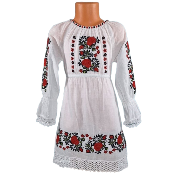 Rrochita nationala, din bumbac pentru fetite. Alb cu broderie bujor, multicolor, 6 ani