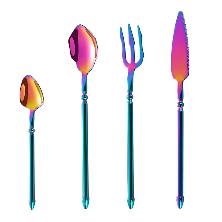 Set tacamuri din inox, 4 piese, argintiu, design ergonomic, Craciun