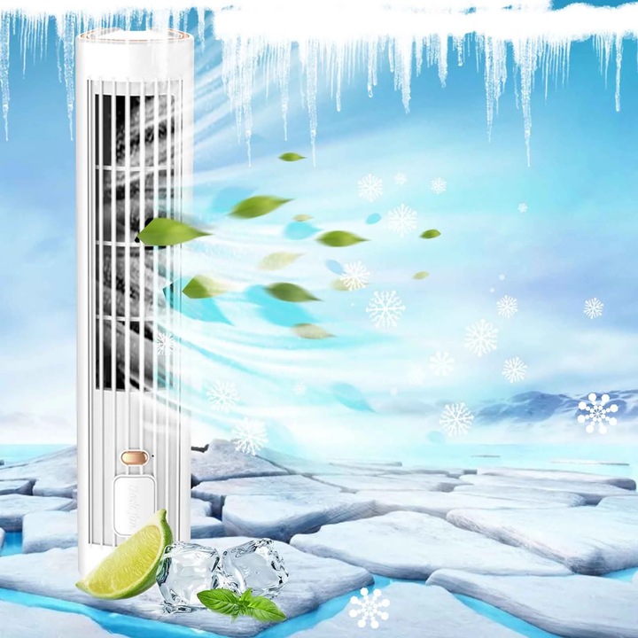 Вертикален настолен вентилатор с дистанционно управление, бял, 30x10x10 см, 3 скорости, батерия 1200 mAh