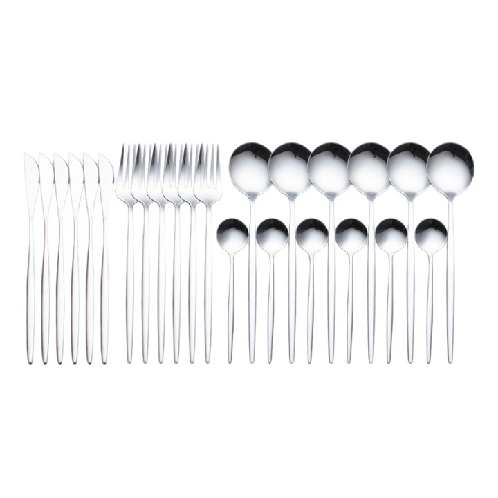 Set tacamuri inox 24 piese, cutit friptura, argintiu, diverse dimensiuni
