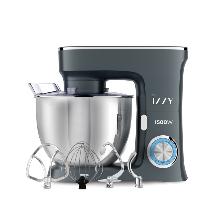 Robot de bucatarie Izzy, CHEF PRO,1500W, bol 8L inox, 6 setari de viteza, Framantator dublu, gri inchis mat