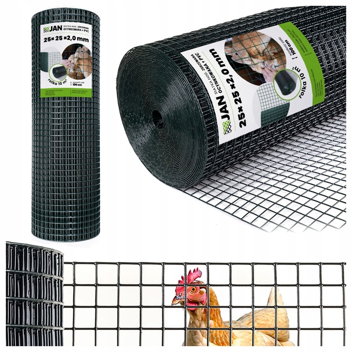 Hegesztett háló állattenyésztéshez, 25x25 mm, horganyzott és PVC bevonatú, 12,5 m², zöld, ideális ketrecekhez és kerítésekhez, szélesség 12,5 m, magasság 1 m, ezüst