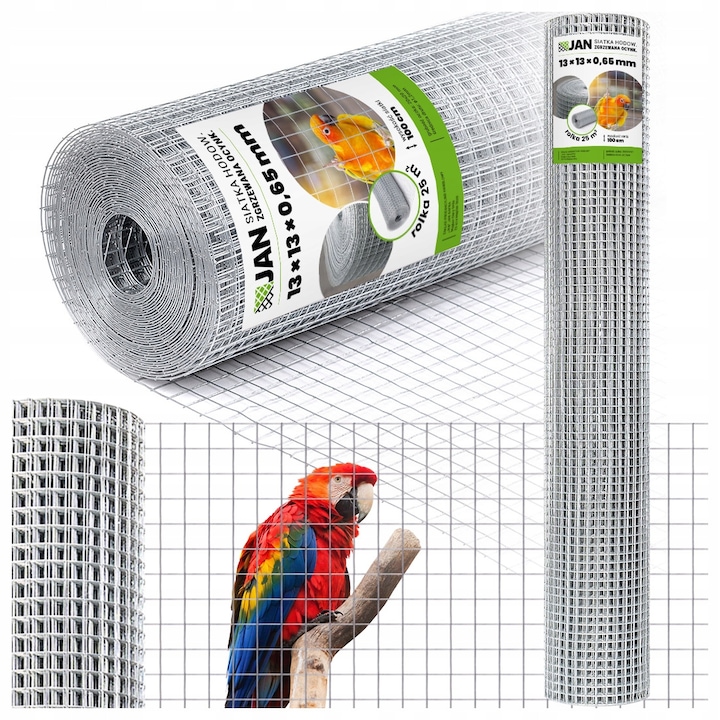 Plasa Sudata, JAN, 10 m², Ochii 13x13 mm, Fir Zincat Fi 1.05 mm, Inaltime 100 cm, Dublu Zincat, Pentru Voliere Si Garduri, Cresterea Pasarilor, Argintie
