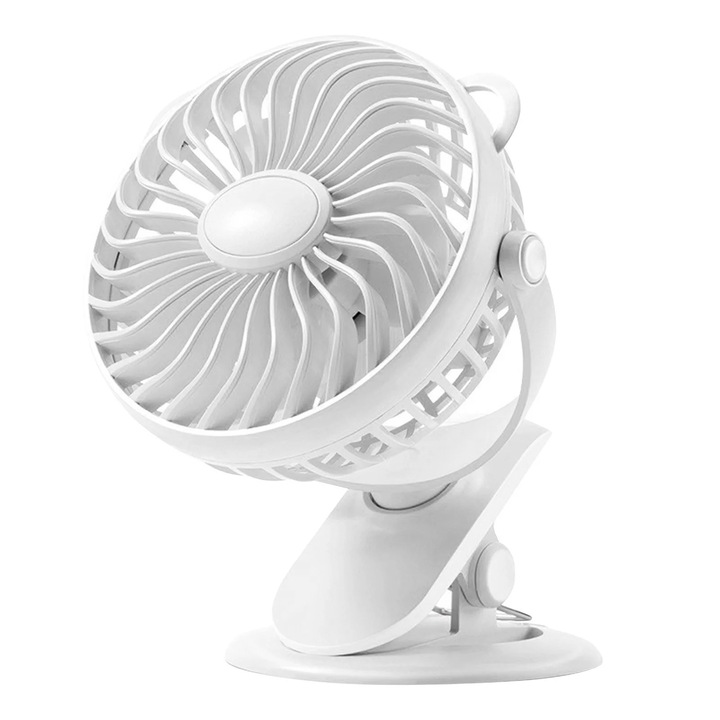 Ventilator mini cu clip, 3 viteze, alb, 18x12x19cm, pentru birou si dormitor