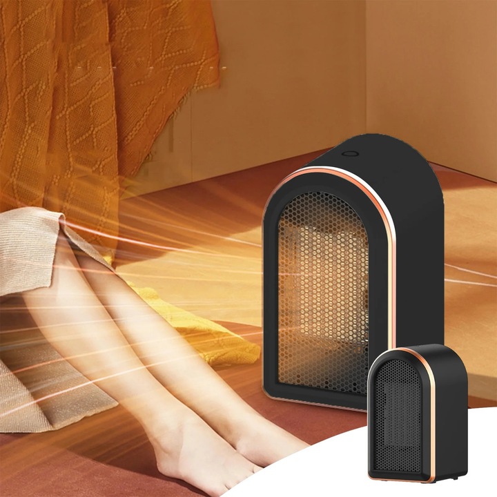 Aeroterma, 1200W, neagra, dimensiuni 21x12x11.5cm, cu termostat, mod de incalzire si ventilator, portabila pentru interior