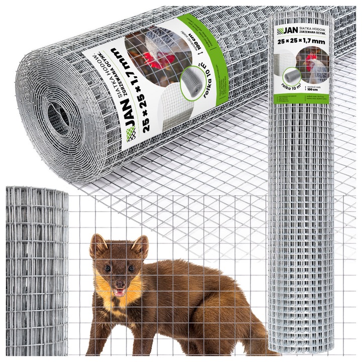 Hegesztett háló termesztéshez, 25x25 mm, 1,7 mm-es vastagság, kétszer horganyzott, 10 m², kisállatok ketreceinek és kerítéseinek, időjárásálló, ezüst