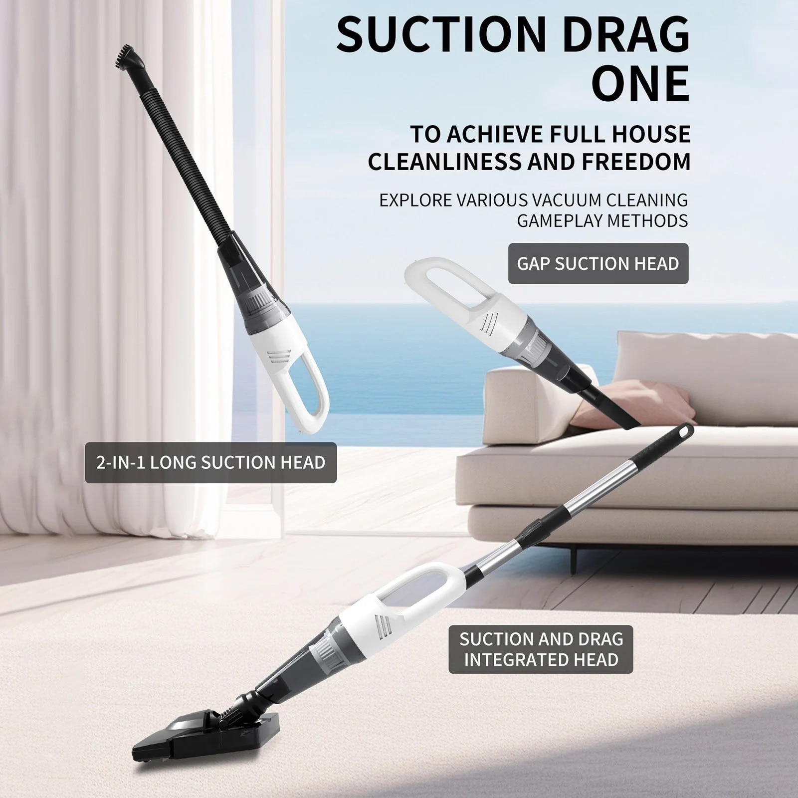 Aspirator portabil fara fir, putere mare de aspiratie, set aspirator cu mop, negru