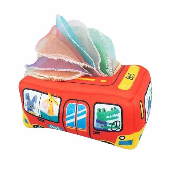 Set Jucarii Interactive Bebelusi, Cutie cu Bumbac Moale, 8 Esarfe Colorate, 3 Hartie Zgomotoasa, 17.5x12.5x8.5cm