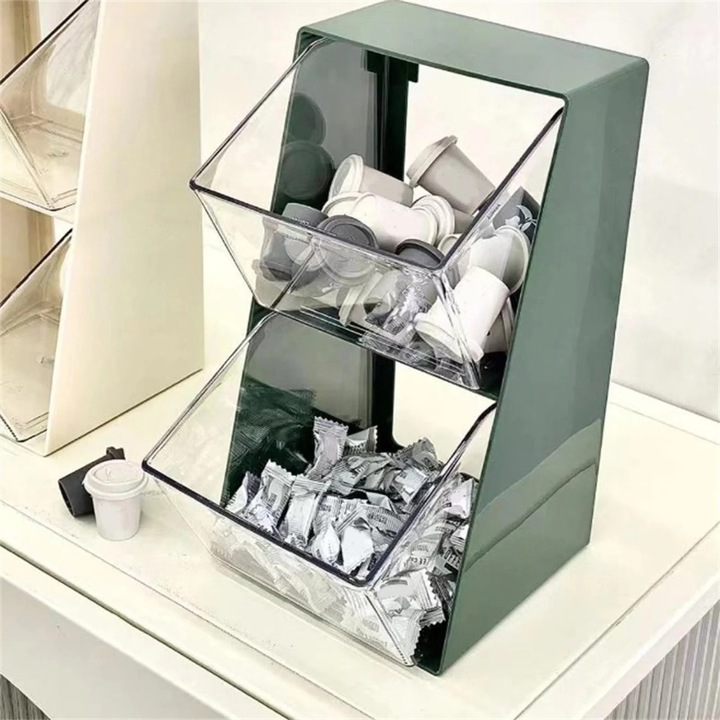 Organizer depozitare pentru plicuri de ceai si capsule ZYBLSSBB LSM2xh9422, structura cu 2 sertare acrilice detasabile, capacitate mare (pana la 25 capsule/20 plicuri), verde