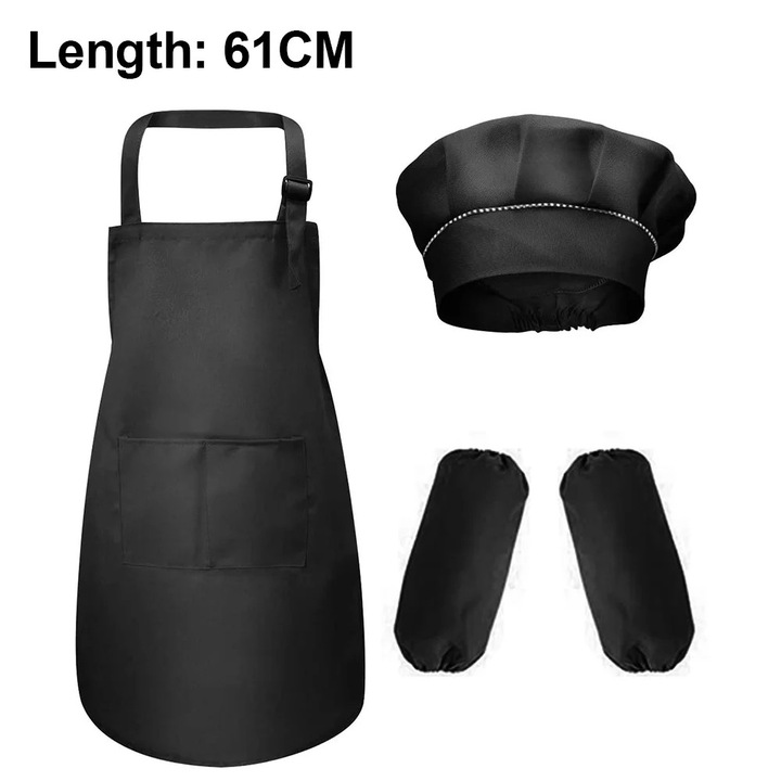 ZYBLSSBB, set sort si sapca de bucatar pentru copii din poliester, cu buzunar, bretea reglabila, elastic la sapca si 2 mansete LSM2xh12362-BCS0074622, negru, L (61 cm)