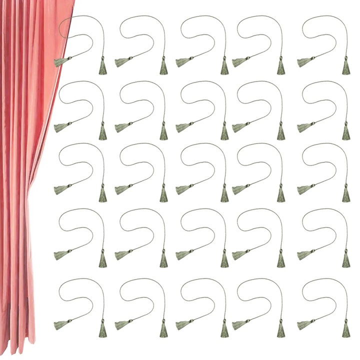 Agrafe pentru perdele ZYBLSSBB LSM2xh10098-BCS0064725, snur cu ciucuri din poliester 49 cm, verde inchis, set 30 buc (15 perechi)