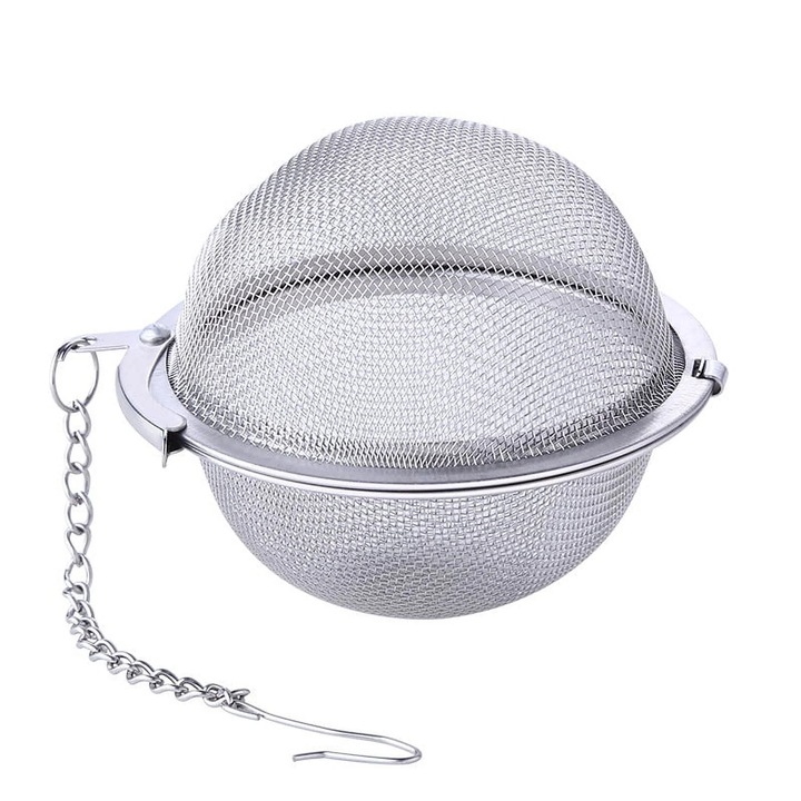 Infuzor pentru ceai ZYBLSSBB LSM2xh10042-BCS0064514-3, otel inoxidabil 304, bila cu plasa fina, lant cu carlig, argintiu, set 2 buc., diam. 3.5/2.7/2.1/1.7 in