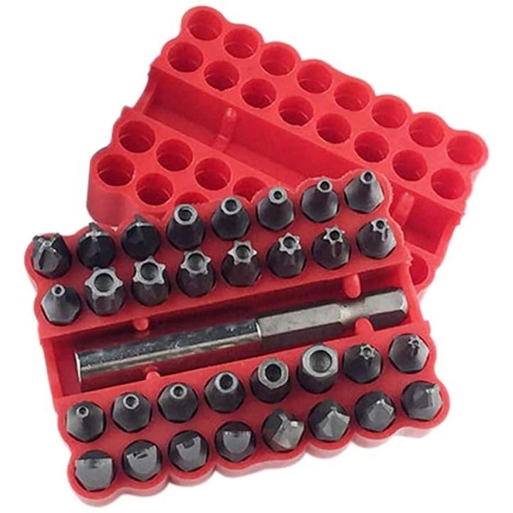 Set de biti de surubelnita cu 33 de piese, cu suport magnetic, din otel crom-vanadiu, dimensiune 6.5x5x3mm, culoare argintie