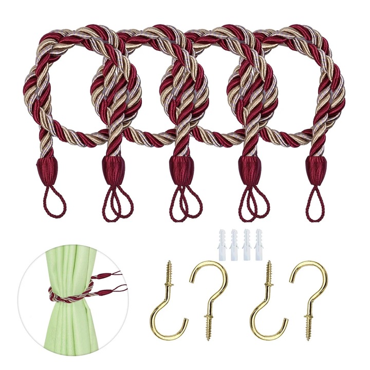Suporturi pentru draperii ZYBLSSBB LSM2xh10260-BCS0065197, snururi impletite din poliester cu carlige metalice incluse, rosu/auriu, set 4 buc, lungime 59 cm
