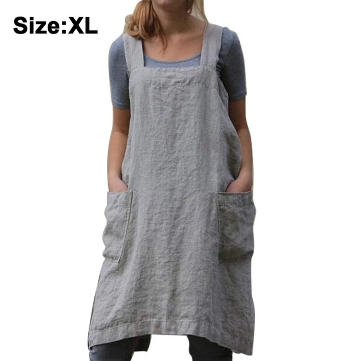 ZYBLSSBB, sort tip pinafore din bumbac si in, bretele incrucisate fara legaturi, buzunare laterale mari, gri, XL