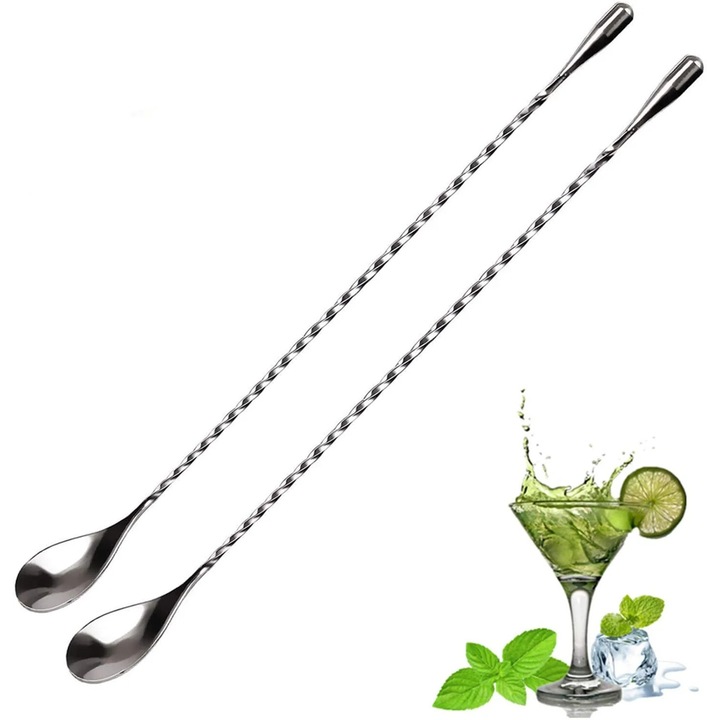 Set de linguri de amestec din inox, argintiu, pentru cocktailuri