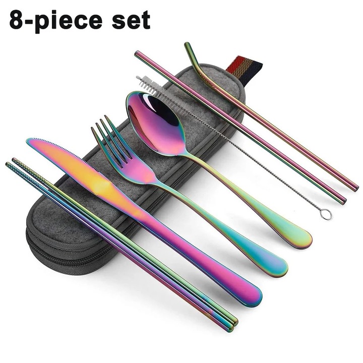 Set tacamuri reutilizabile din inox cu cutie, 8 piese, argintiu, pentru camping