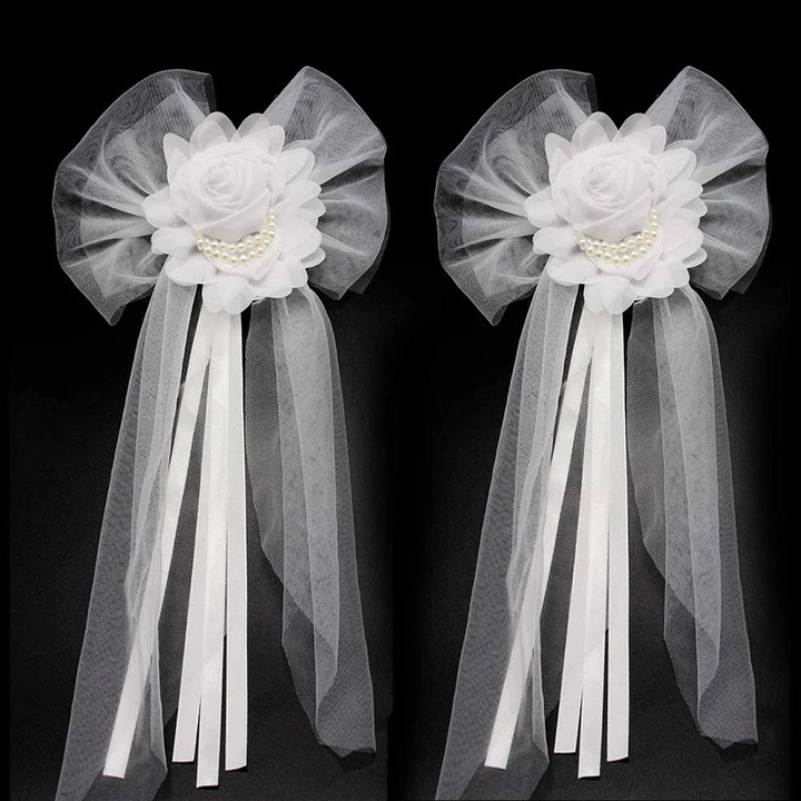 Ornament floral pentru decor masina de nunta Zyblssbb LSM2xh11991-BCS0072963, din poliester (matase sintetica) cu perle si panglica, alb, set 2 buc., 35 cm